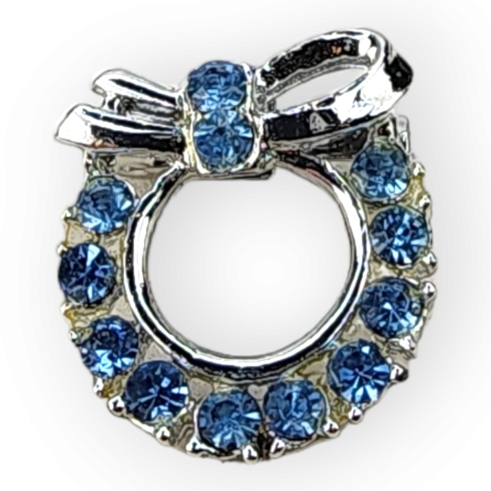 Vintage Silver Tone Blue Rhinestone Circle Bow Brooch Pin Wreath Unsigned 5.2g